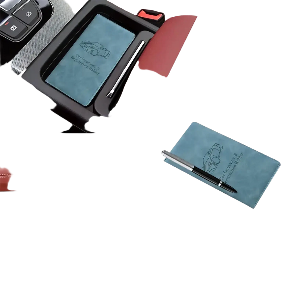 A sleek light blue leather car document holder with embossed car silhouette for insurance and registration organization