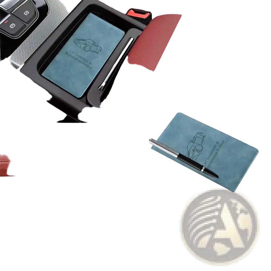 A sleek light blue leather car document holder with embossed car silhouette for insurance and registration organization