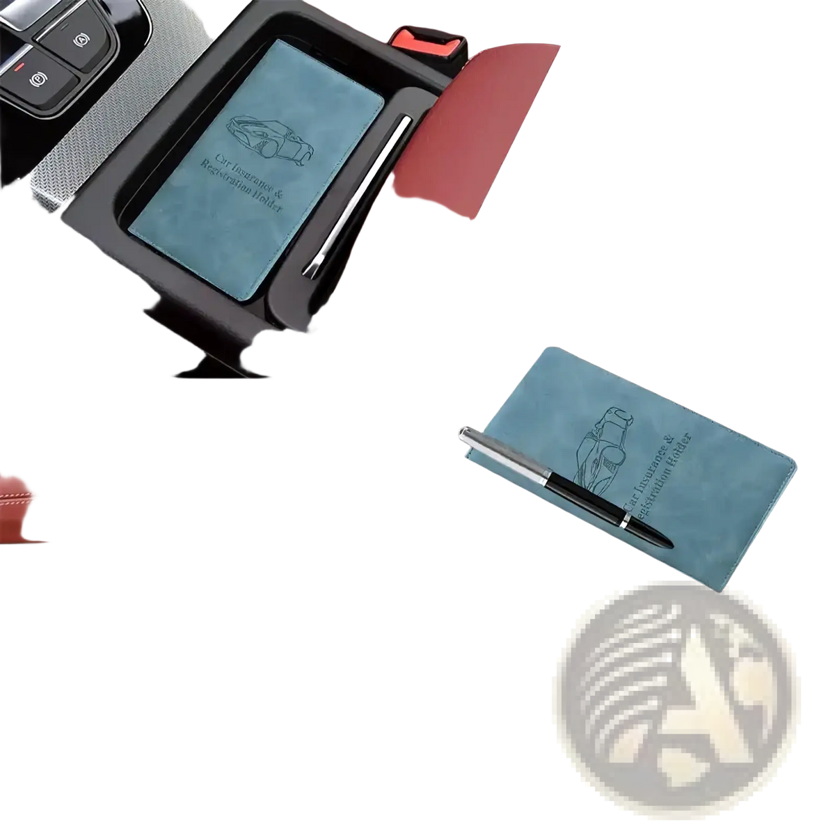A sleek light blue leather car document holder with embossed car silhouette for insurance and registration organization