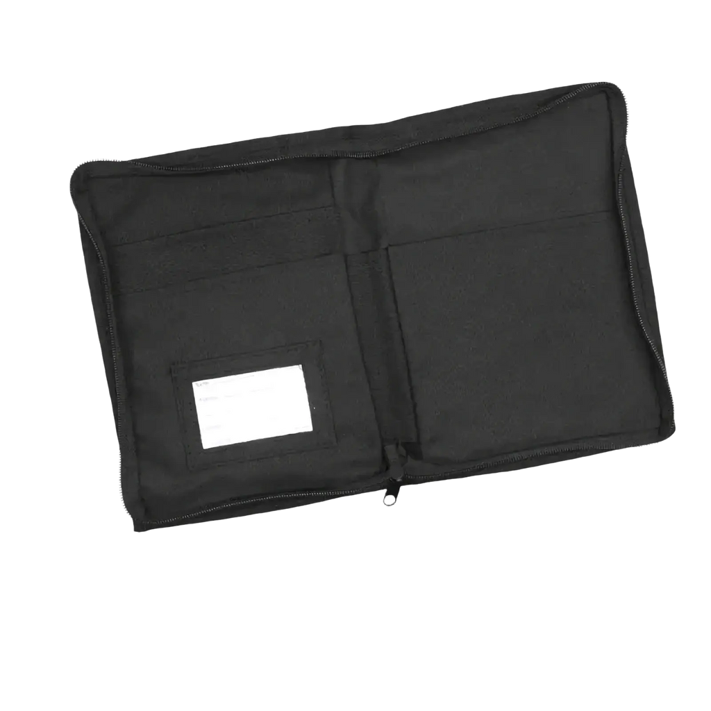 Black fabric car document organizer pouch with zippered closure and interior pockets for secure storage