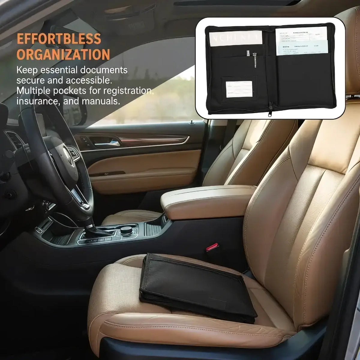 Black fabric car document organizer pouch with multiple pockets for registration insurance and manuals storage