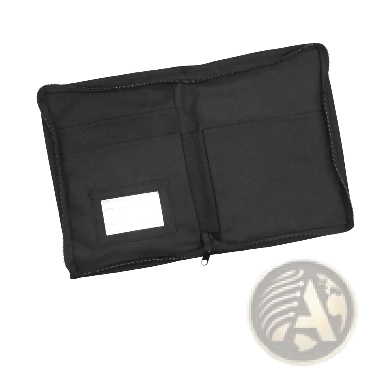 Black fabric car document organizer pouch with zippered closure and interior pockets for secure storage
