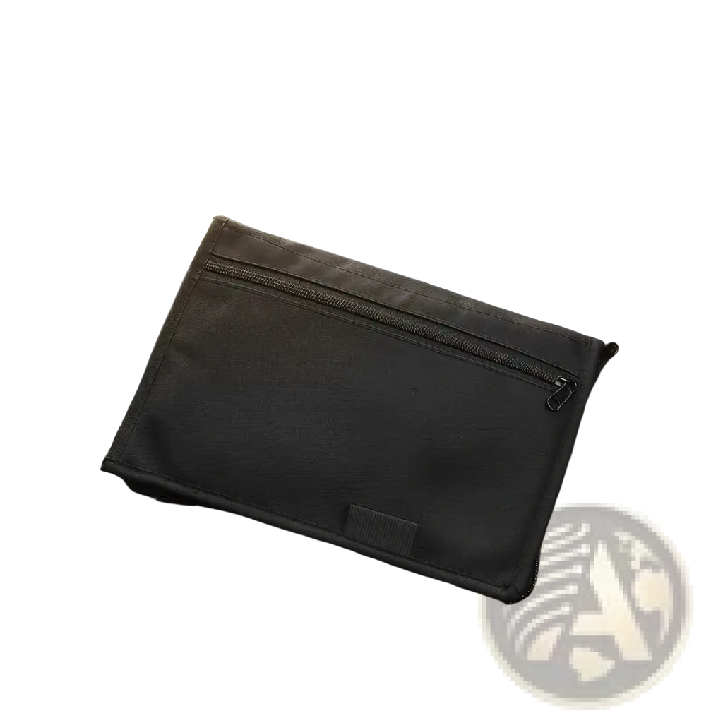 Black nylon car document organizer pouch with zipper closure and small rectangular front tag for secure storage