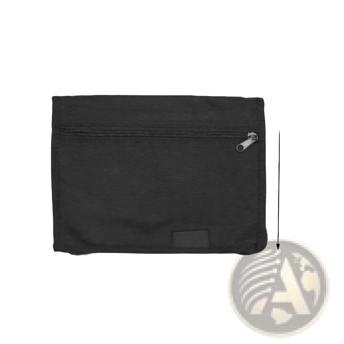 Black rectangular car document organizer pouch made of durable fabric with a silver-toned zipper pull, 24cm by 17.5cm