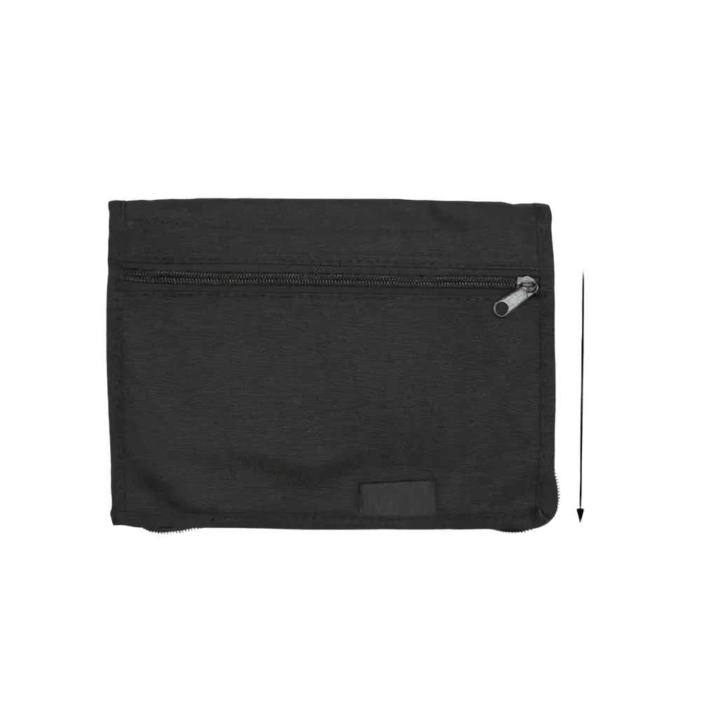 Black rectangular car document organizer pouch made of durable fabric with a silver-toned zipper pull, 24cm by 17.5cm