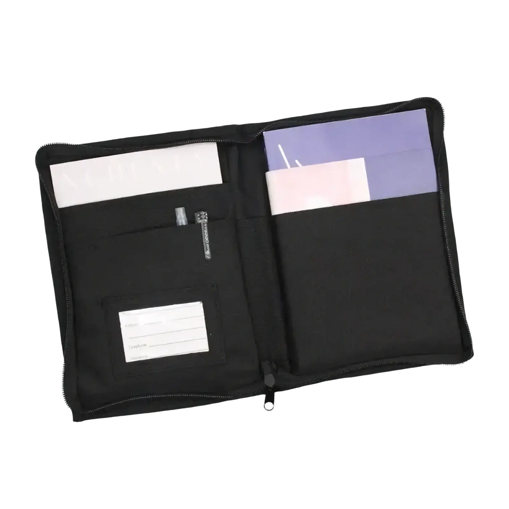 Black zippered car document organizer pouch with multiple compartments label pocket and clear plastic sleeves