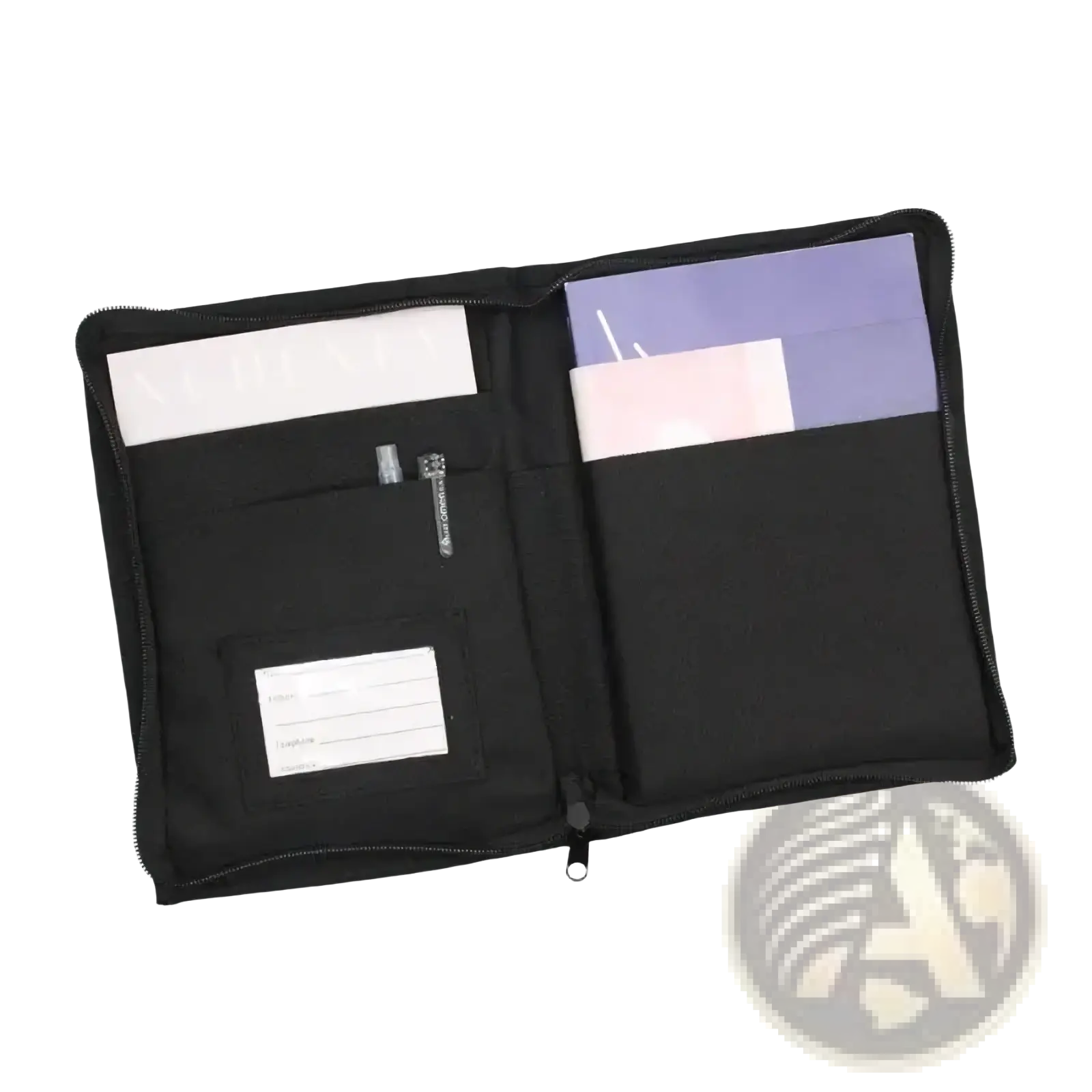 Black zippered car document organizer pouch with multiple compartments label pocket and clear plastic sleeves