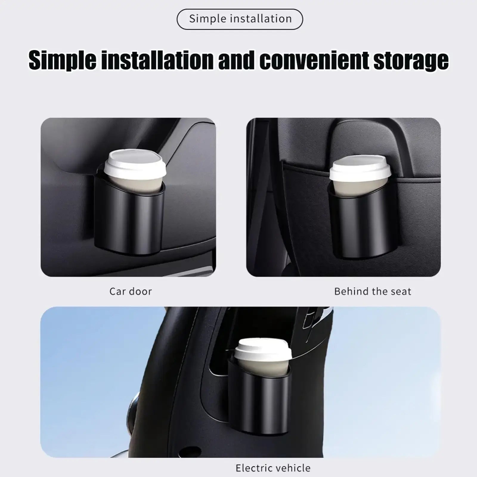 Black cylindrical car door cup holder with sleek minimalist design for secure placement in various vehicle locations