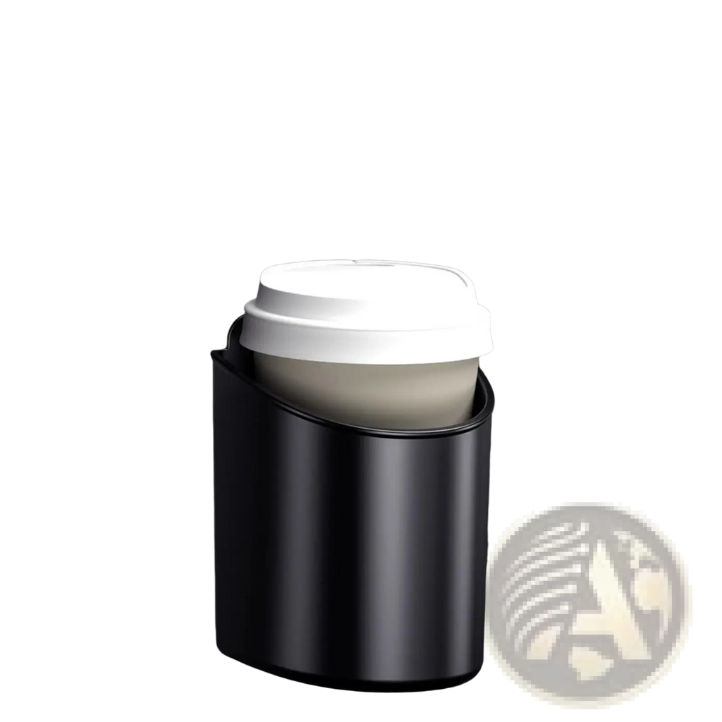 Black matte-finish car door cup holder securely cradles a white-lidded coffee cup for vehicle use