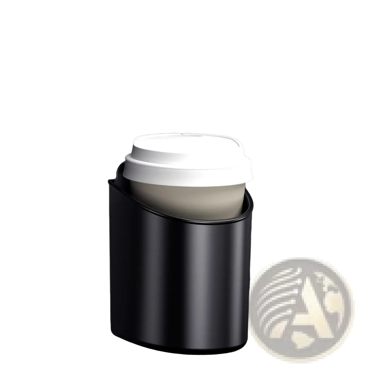 Black matte-finish car door cup holder securely cradles a white-lidded coffee cup for vehicle use