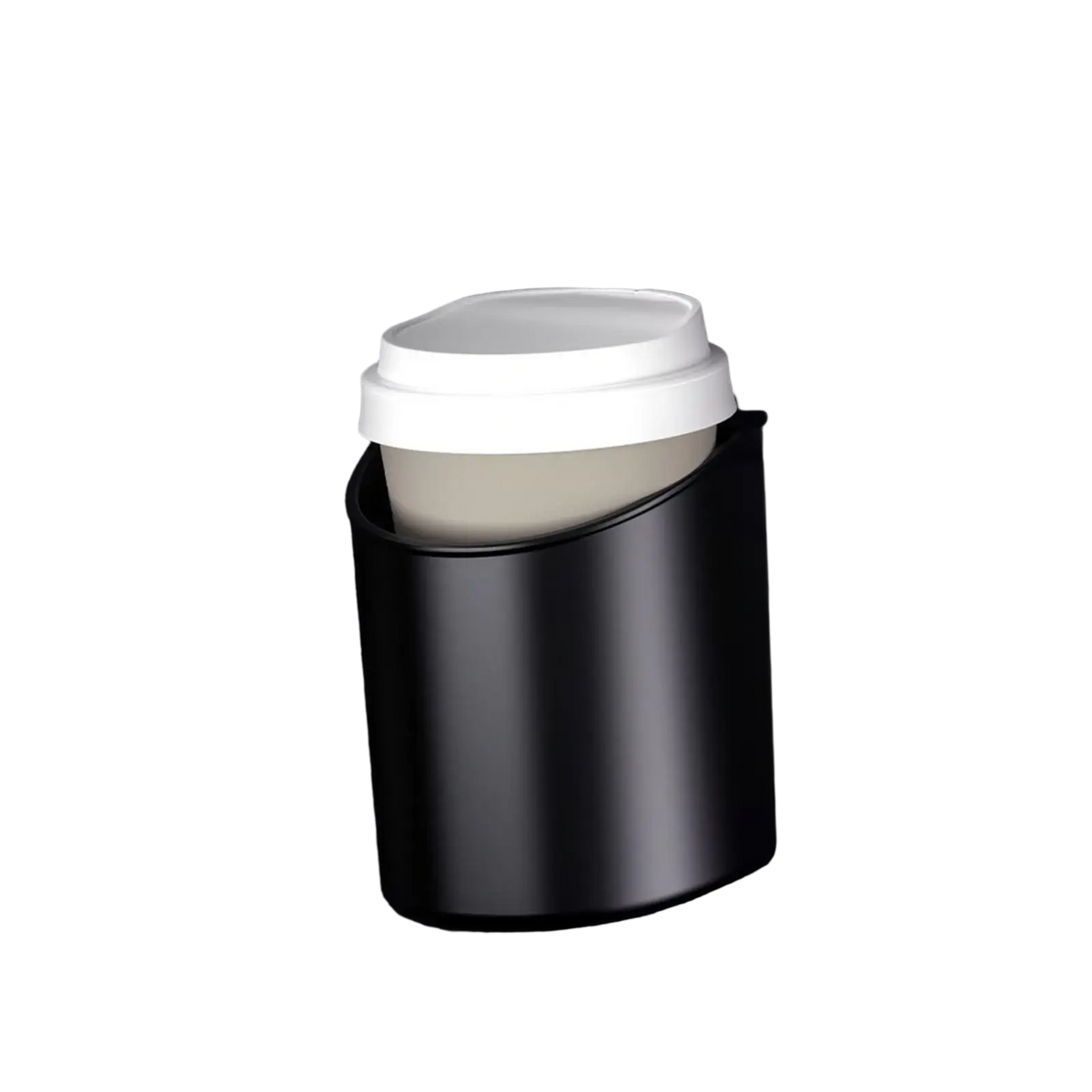 Black matte finish car door cup holder securely grips a white lidded coffee cup for vehicles