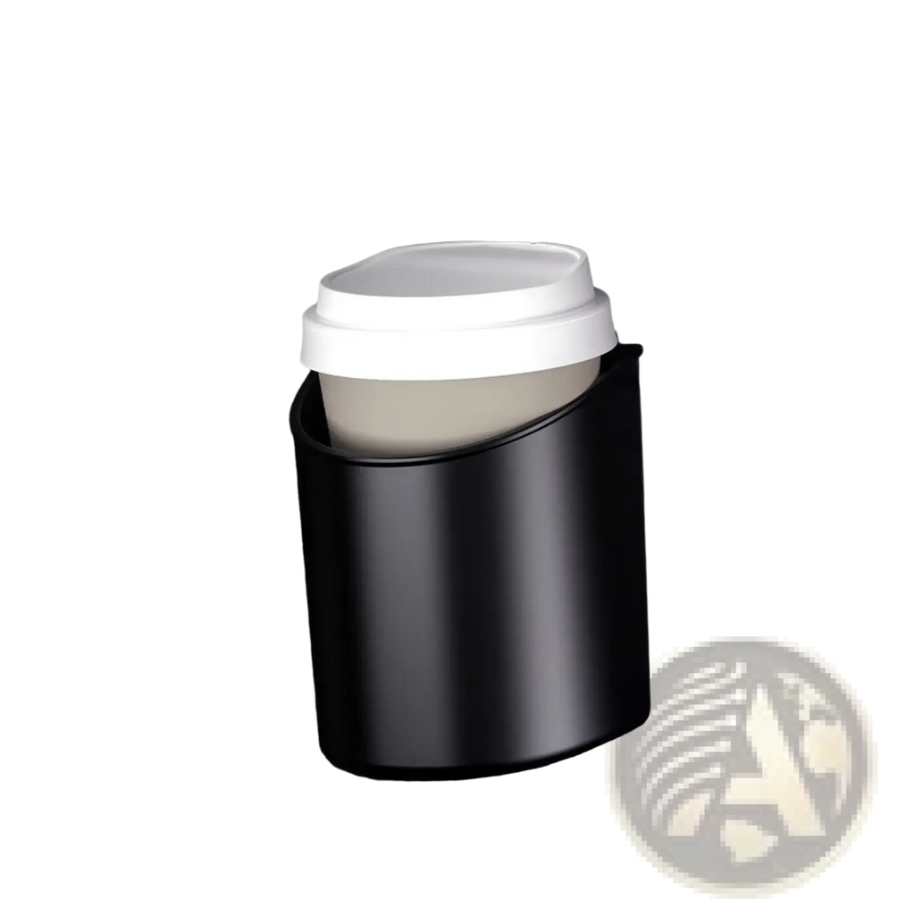 Black matte finish car door cup holder securely grips a white lidded coffee cup for vehicles