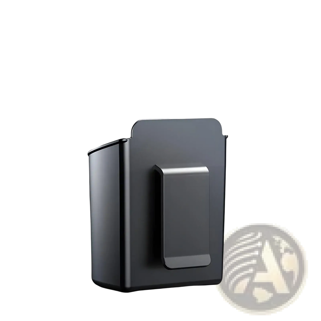 Black rectangular car door cup holder with sleek minimalist design and magnetic clip for vehicle organization
