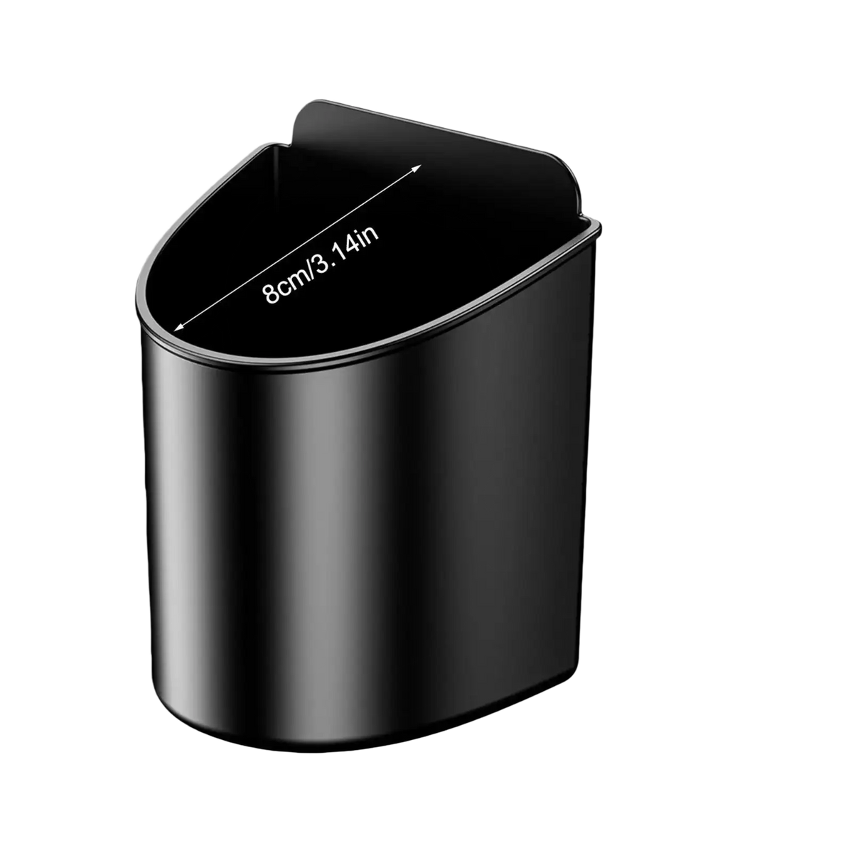Black sleek cylindrical car door cup holder trash bin with curved top and smooth metallic finish for vehicles