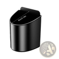 Black sleek cylindrical car door cup holder with curved top and smooth metallic finish for vehicle trash disposal