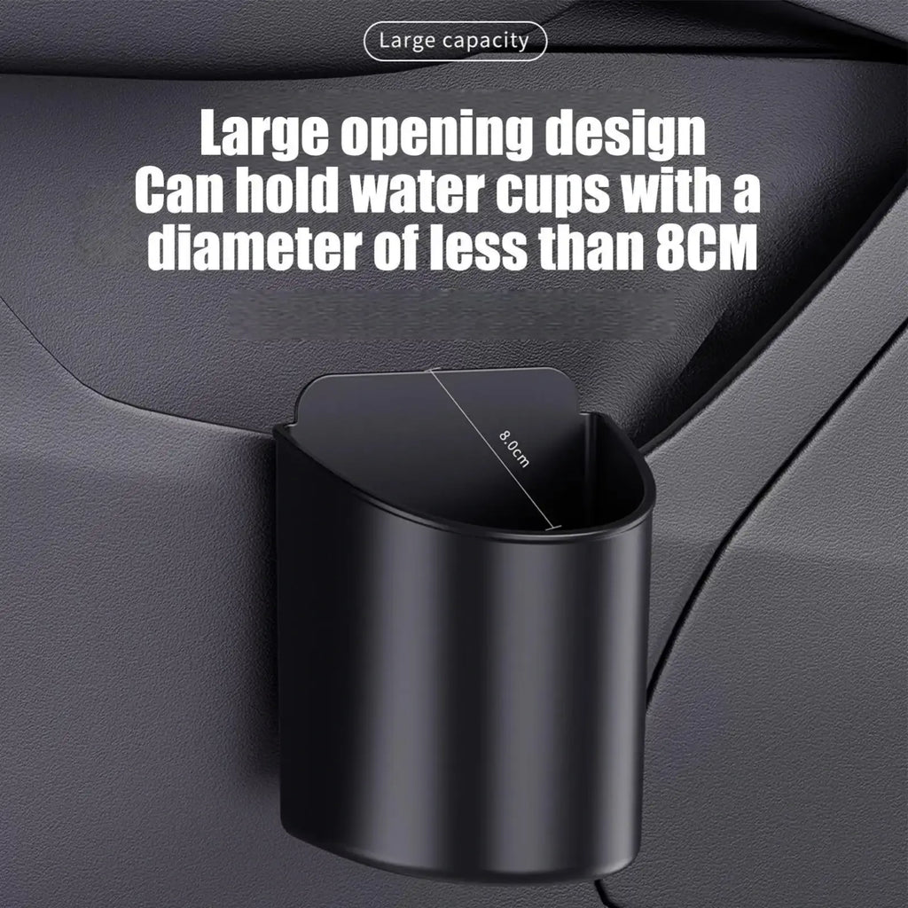 Black sleek plastic car door cup holder with large opening fits water cups under 8cm diameter for vehicles