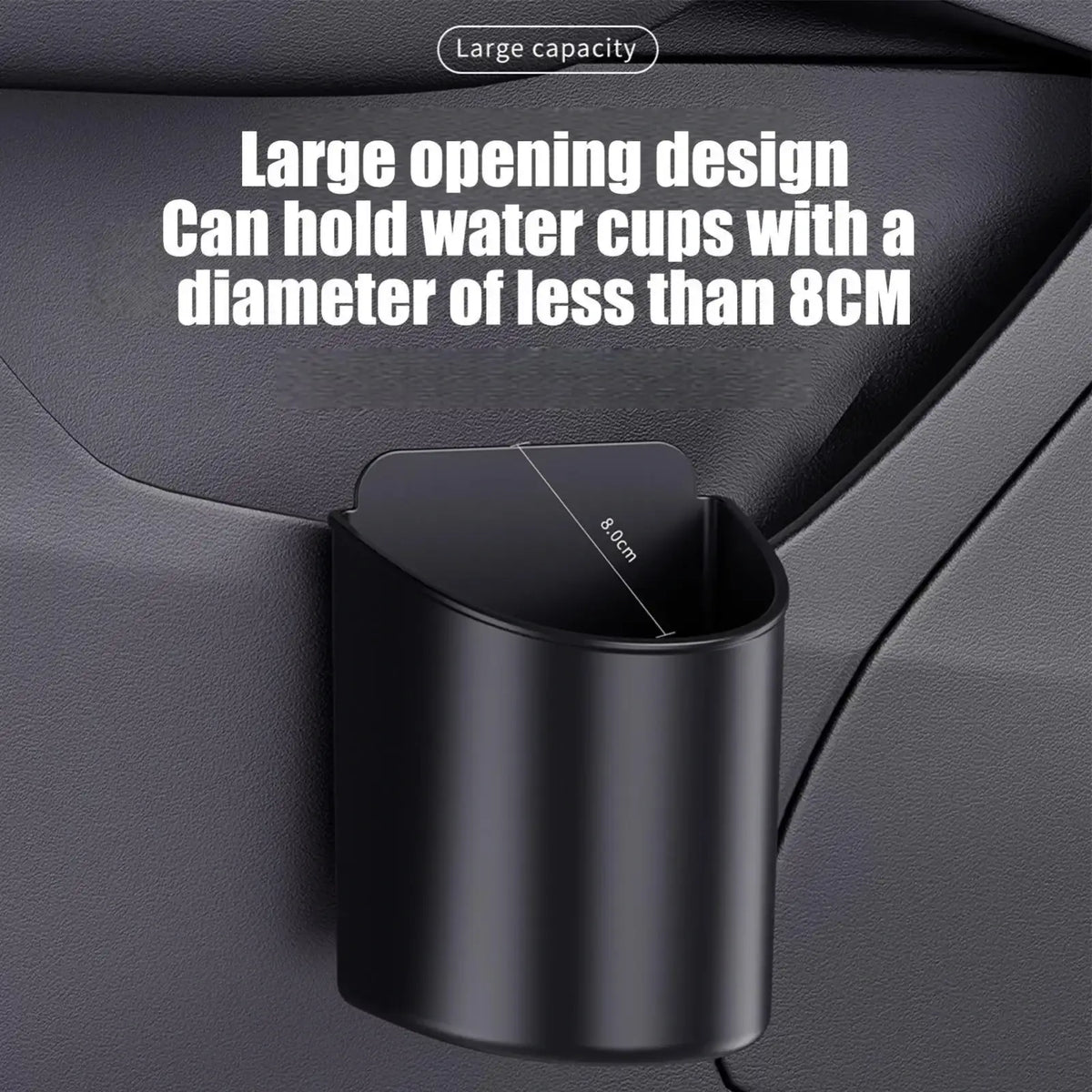 Black sleek plastic car door cup holder with large opening fits water cups under 8cm diameter for vehicles