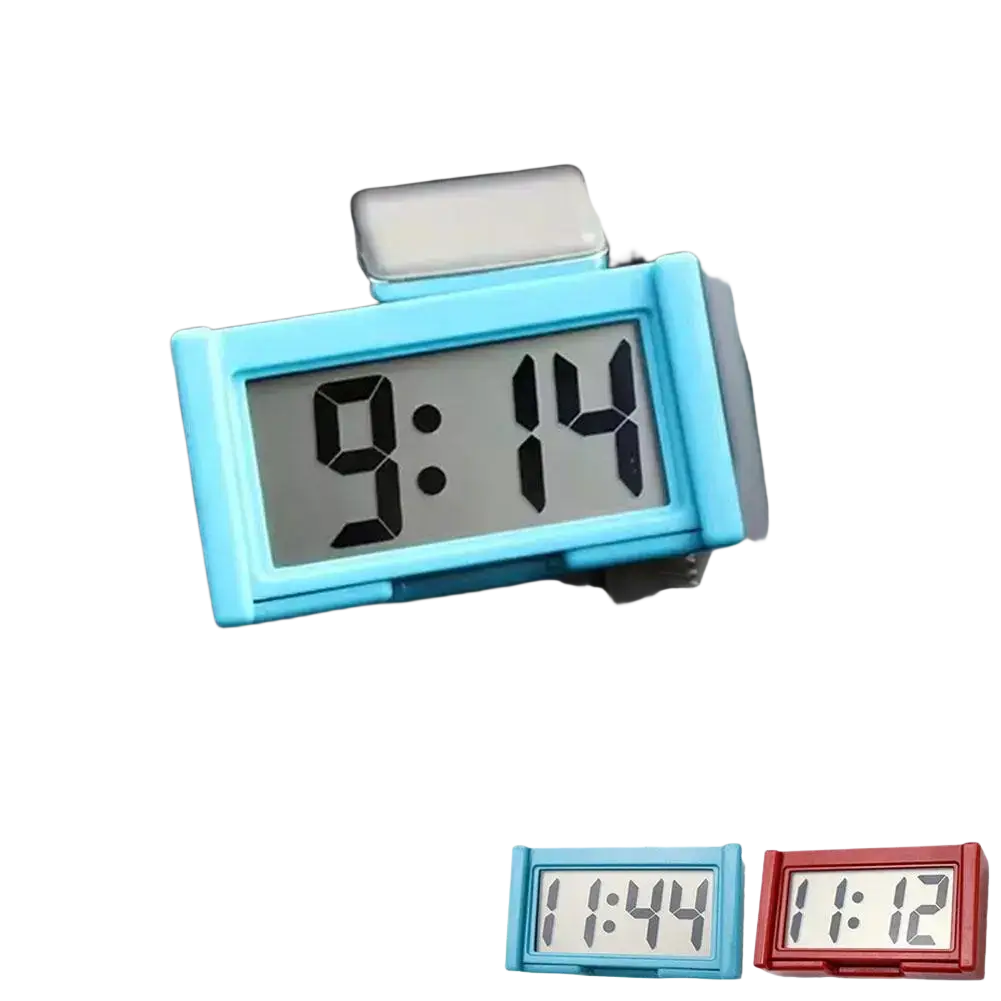 Light blue rectangular car digital clock with sleek plastic frame and black led display showing 9 14 for dashboard use