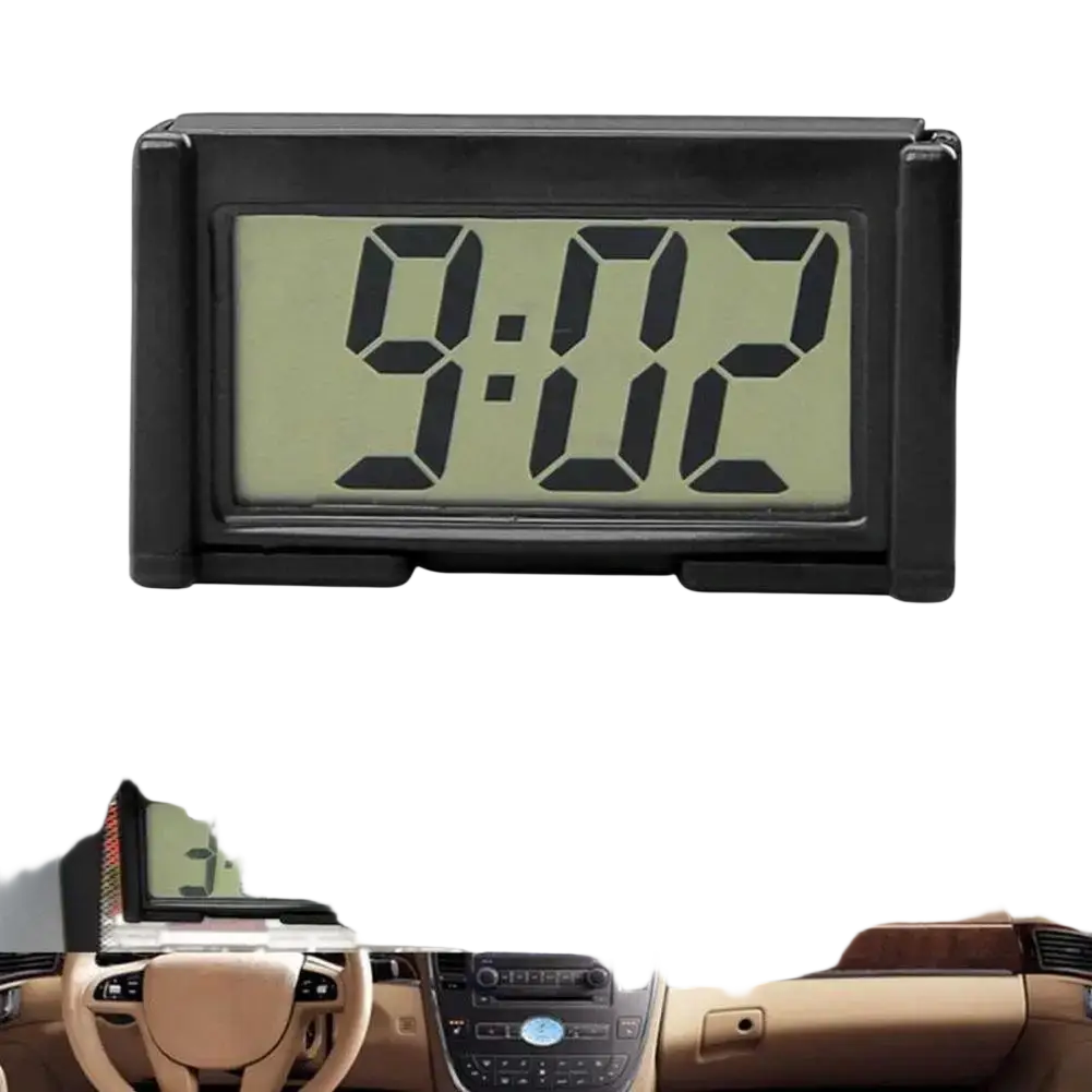 Black rectangular car digital clock with greenish LCD screen displaying 9:02 for dashboard adhesive display