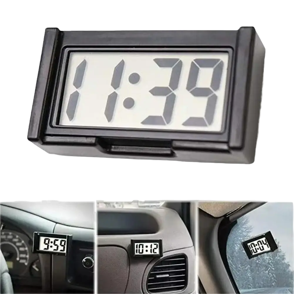 Black car digital clock dashboard adhesive display with a rectangular screen showing time in bold gray numerals