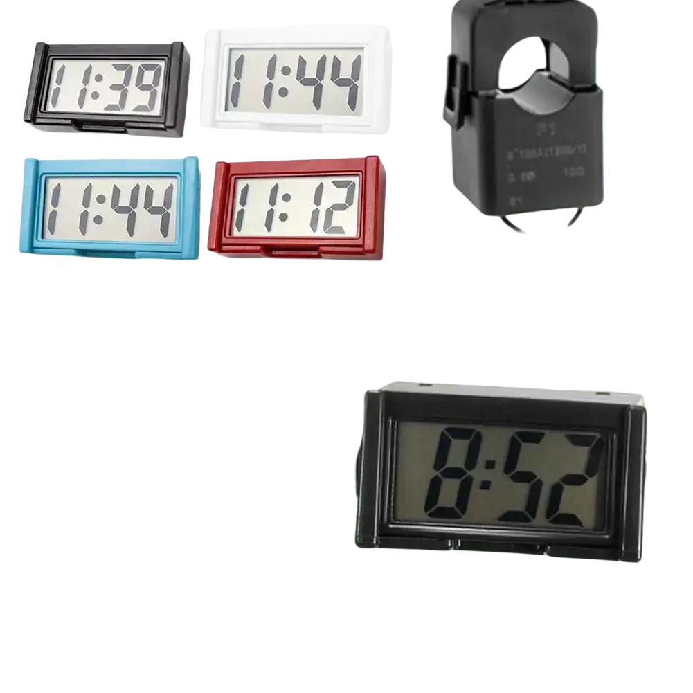 Black digital car clock dashboard adhesive display with rectangular screen showing time 8 52 for vehicle use