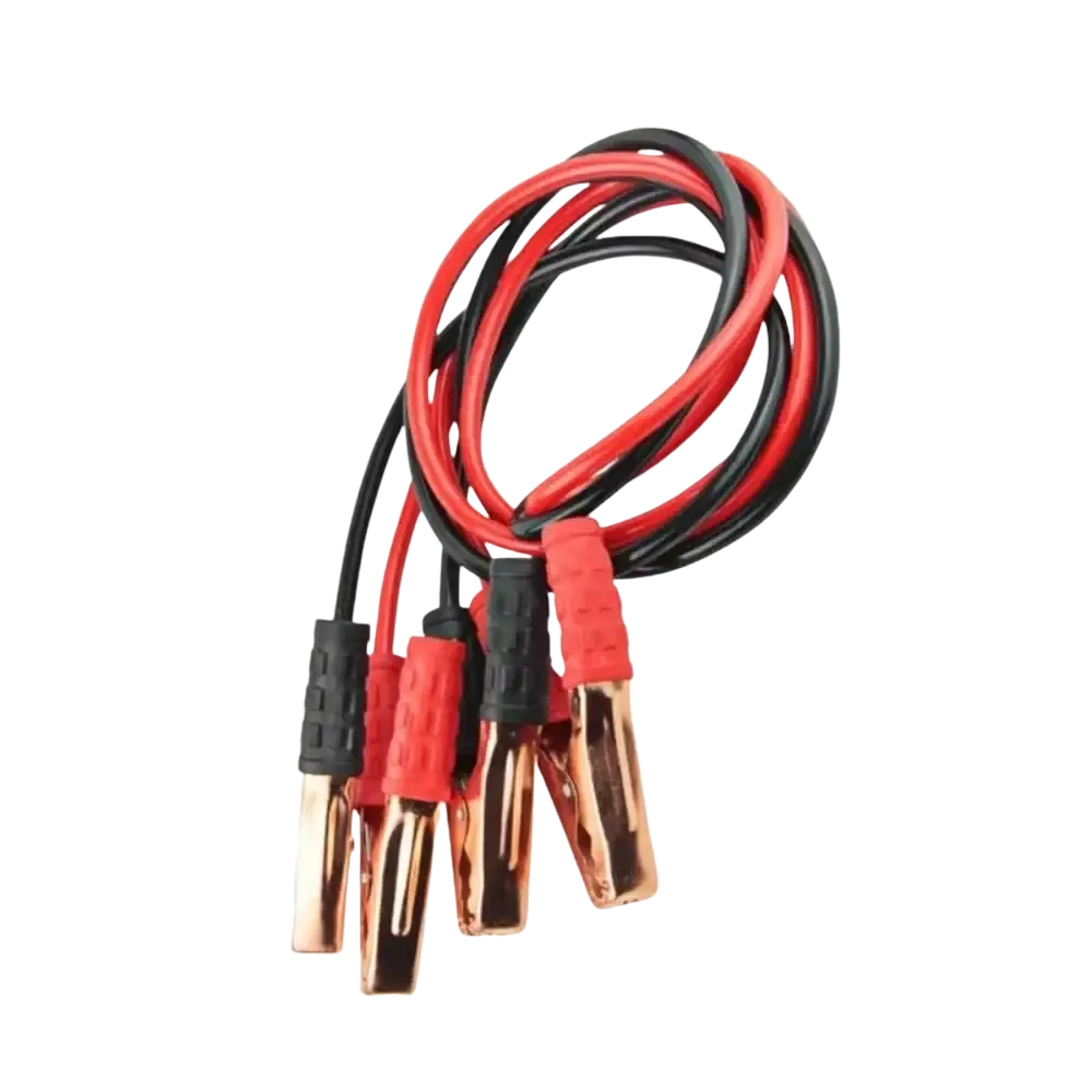 Red and black insulated car booster cables 500a with textured rubber grip clamps for battery jumping use