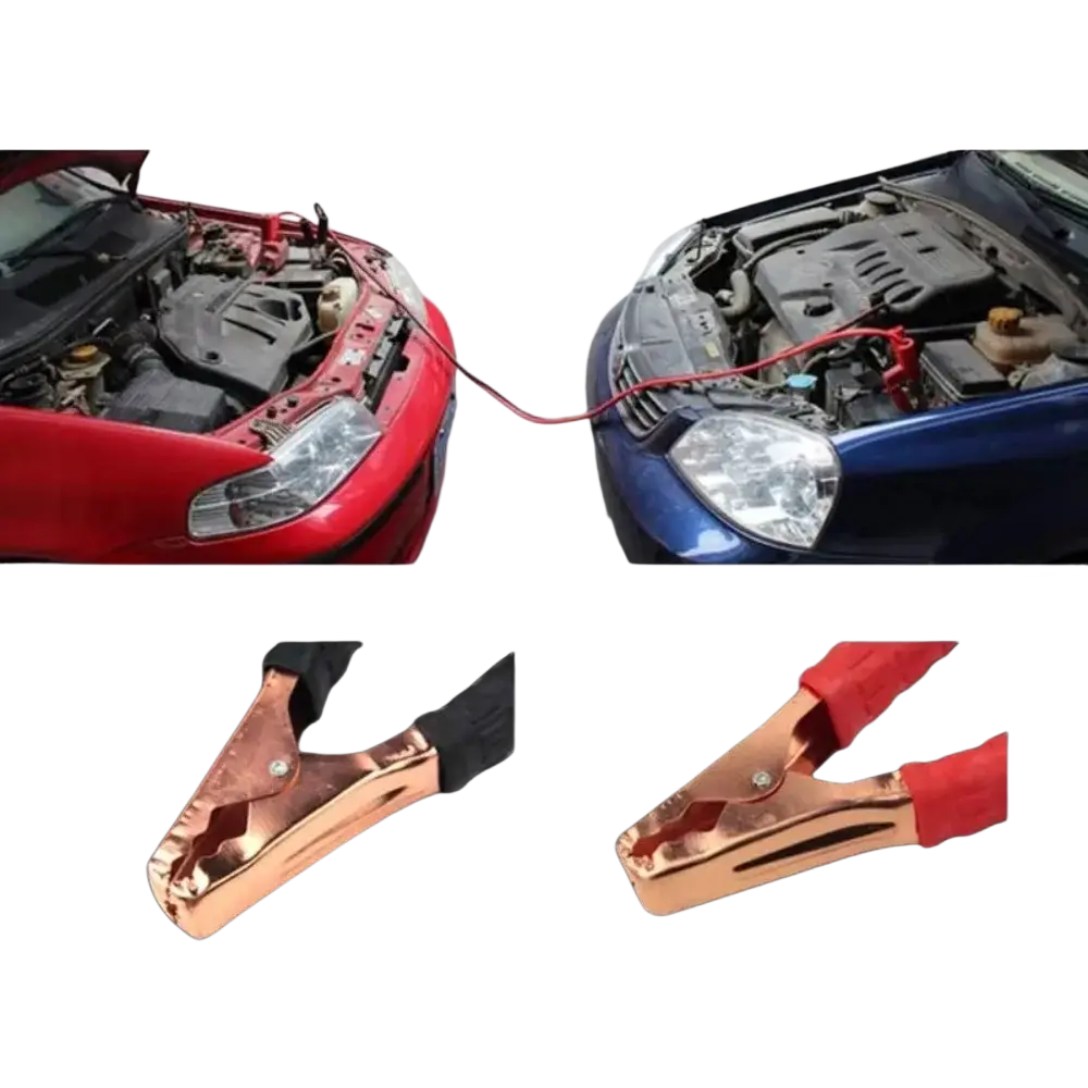 Red and black insulated car booster cables with copper metal jaws for 500a battery jumper clamps use