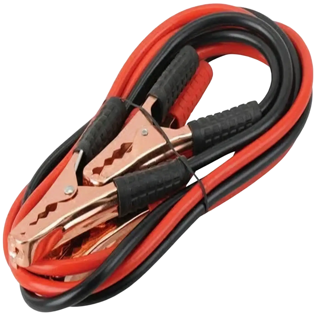 Red and black car booster cables with copper clamps and textured rubber grips for 500a battery jumper clamps use