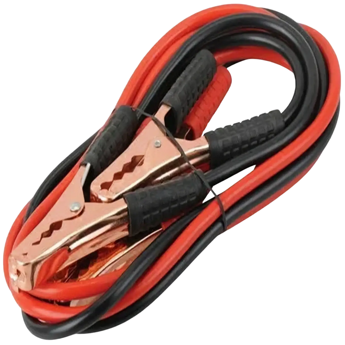 Red and black car booster cables with copper clamps and textured rubber grips for 500a battery jumper clamps use