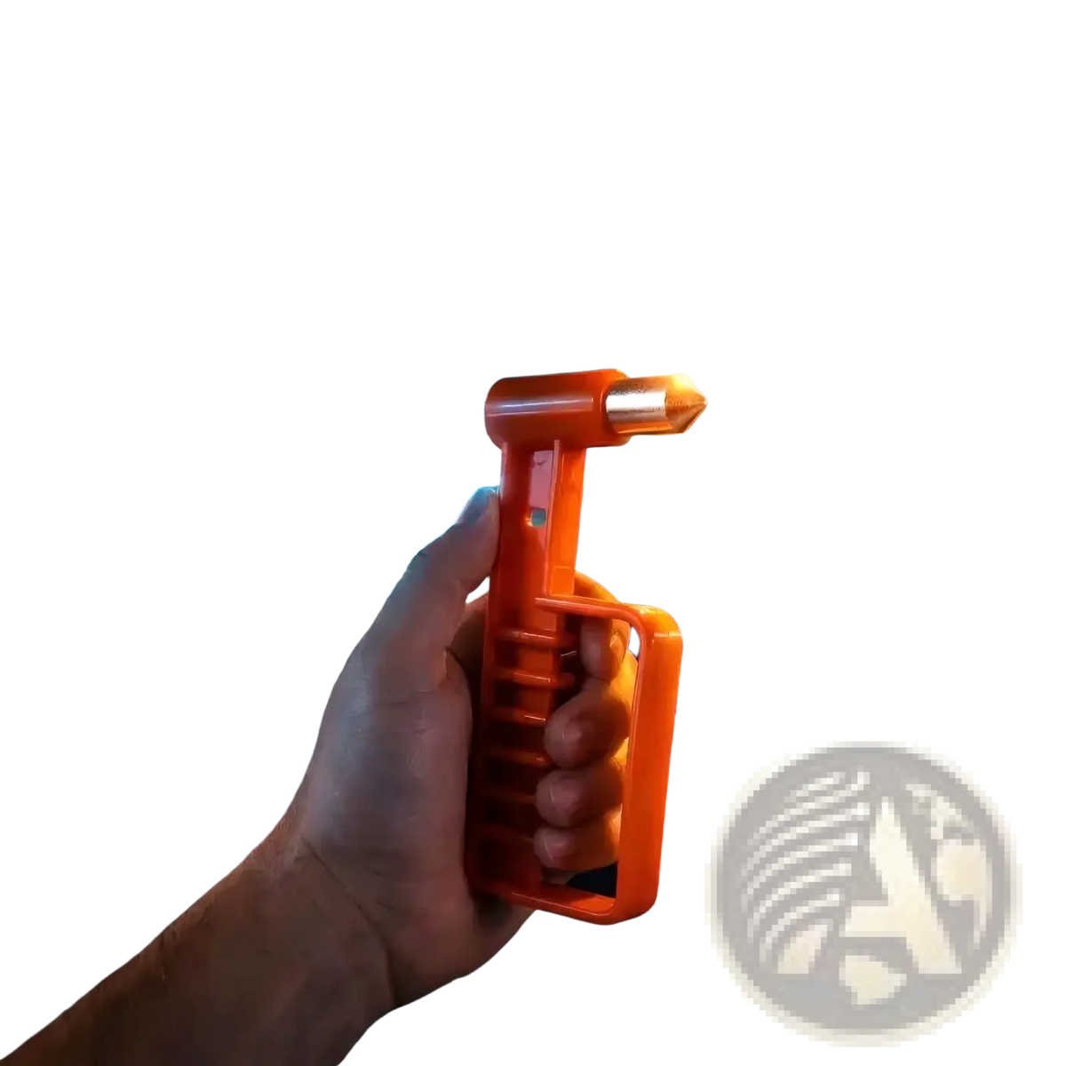 Orange plastic car emergency escape hammer with metallic tip designed for breaking car windows in emergencies