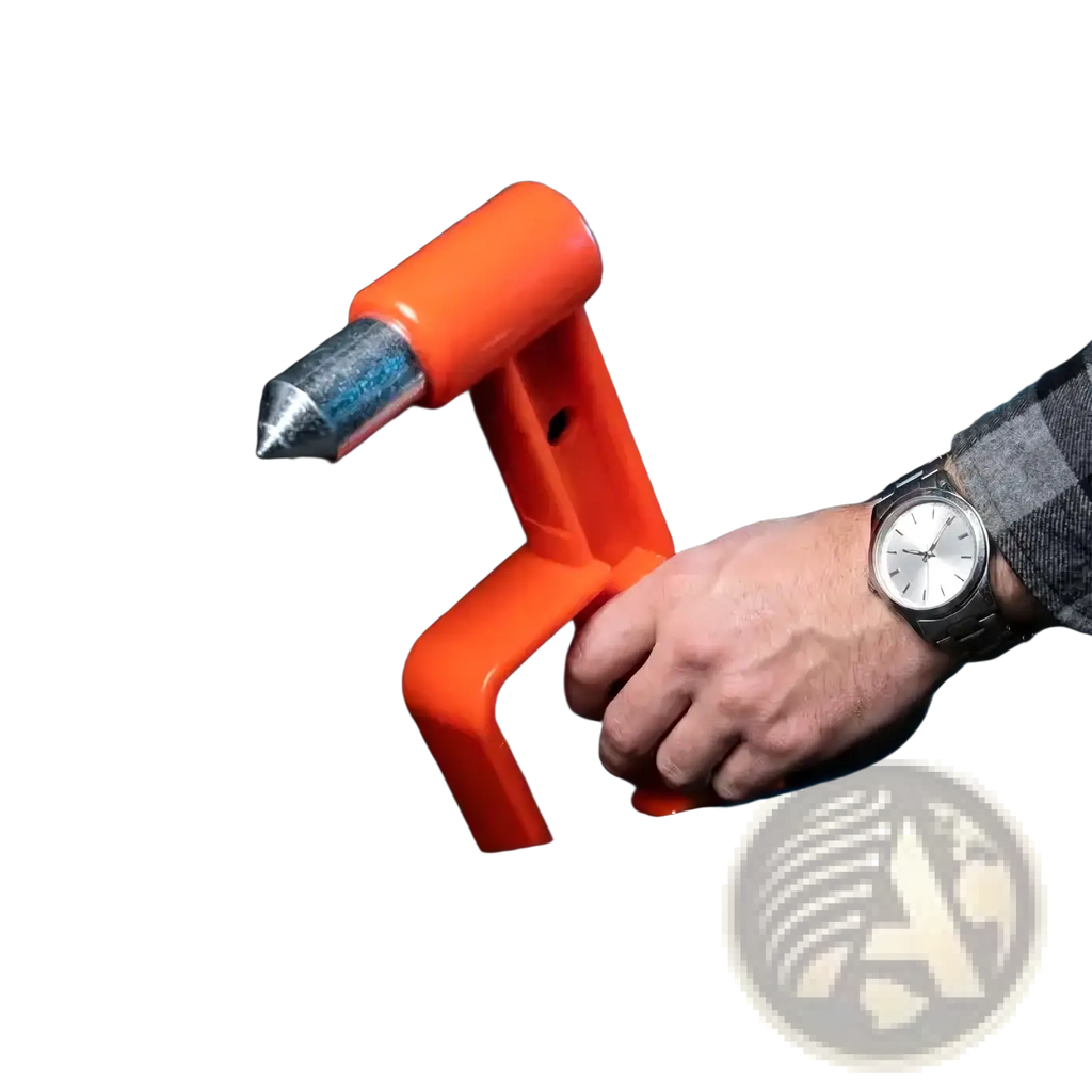 Orange plastic car emergency escape hammer with metallic pointed tip for breaking windows and escape tool