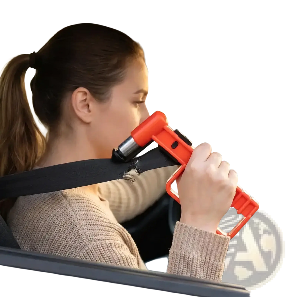 Orange plastic car emergency cutter with metallic tip and black button for escape hammer window breaker tool use