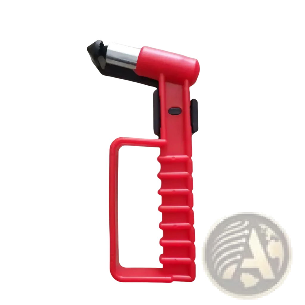 Car emergency escape hammer window breaker tool with red plastic handle and black silver metal tip for safety use