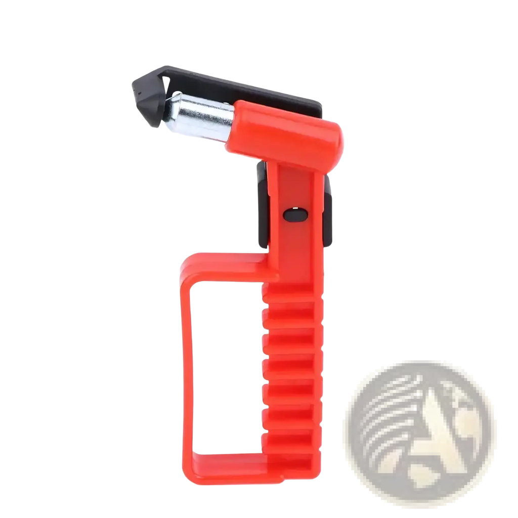 Red plastic-handled car emergency escape hammer with black and silver metal window breaker head for vehicle safety