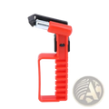 Red plastic-handled car emergency escape hammer with black and silver metal window breaker head for vehicle safety