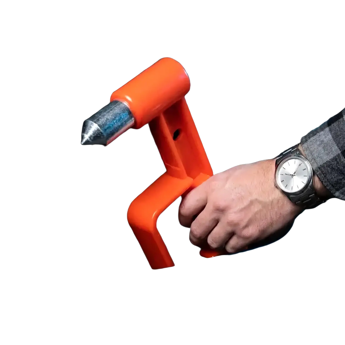 Orange plastic car emergency escape hammer with metallic pointed tip for breaking windows and escape tool