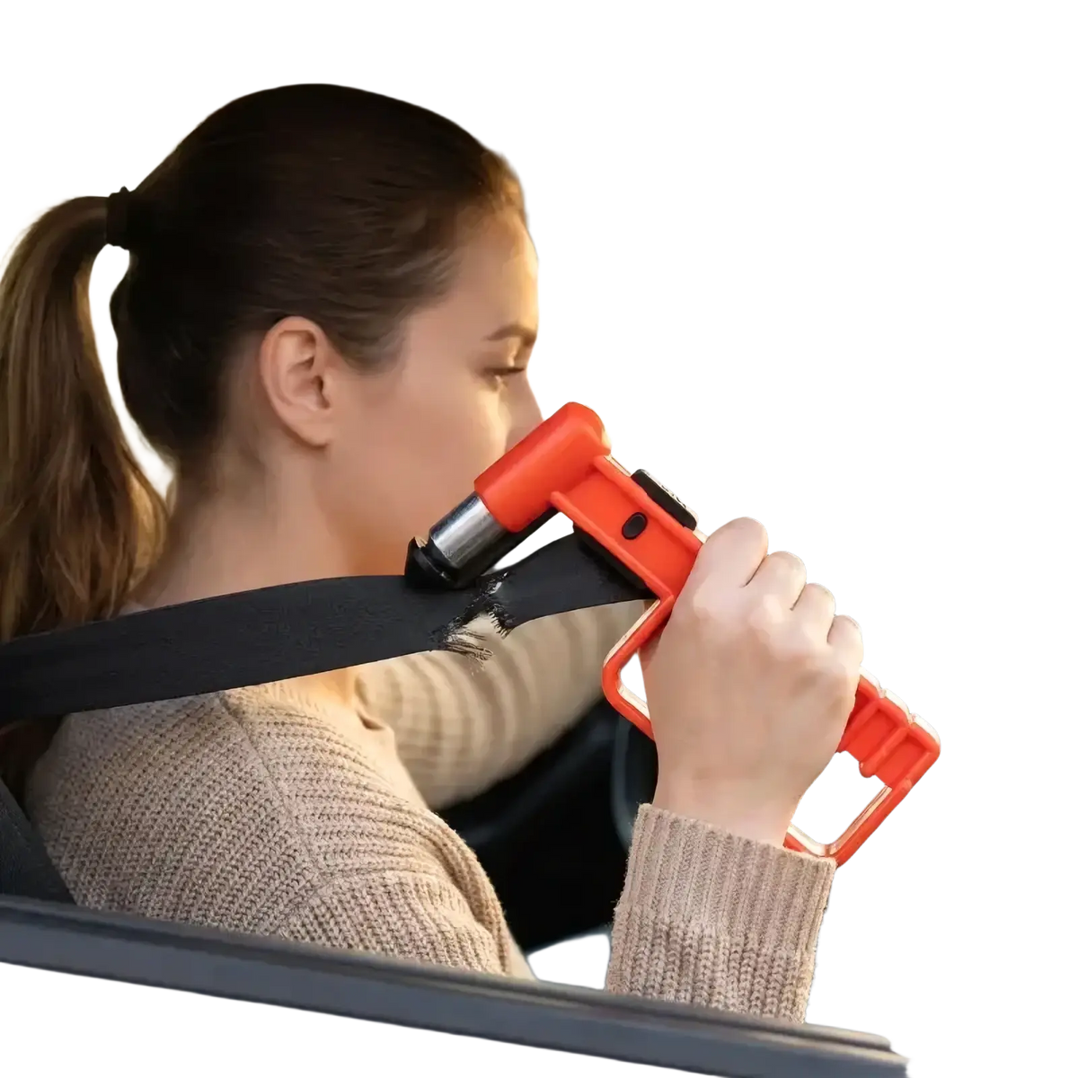 Orange plastic car emergency cutter with metallic tip and black button for escape hammer window breaker tool use