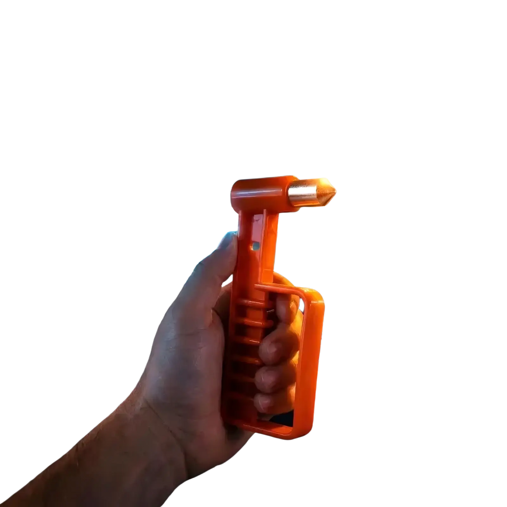 Orange plastic car emergency escape hammer with metallic tip designed for breaking car windows in emergencies