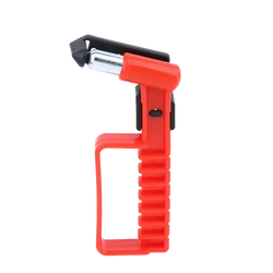 Red plastic-handled car emergency escape hammer with black and silver metal window breaker head for vehicle safety