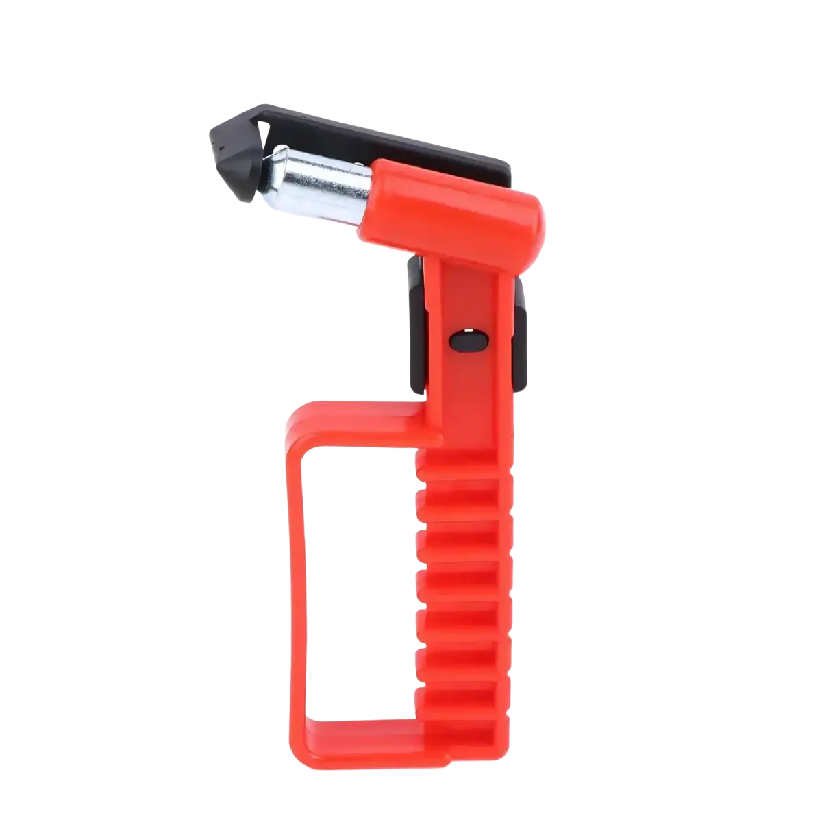 Red plastic-handled car emergency escape hammer with black and silver metal window breaker head for vehicle safety