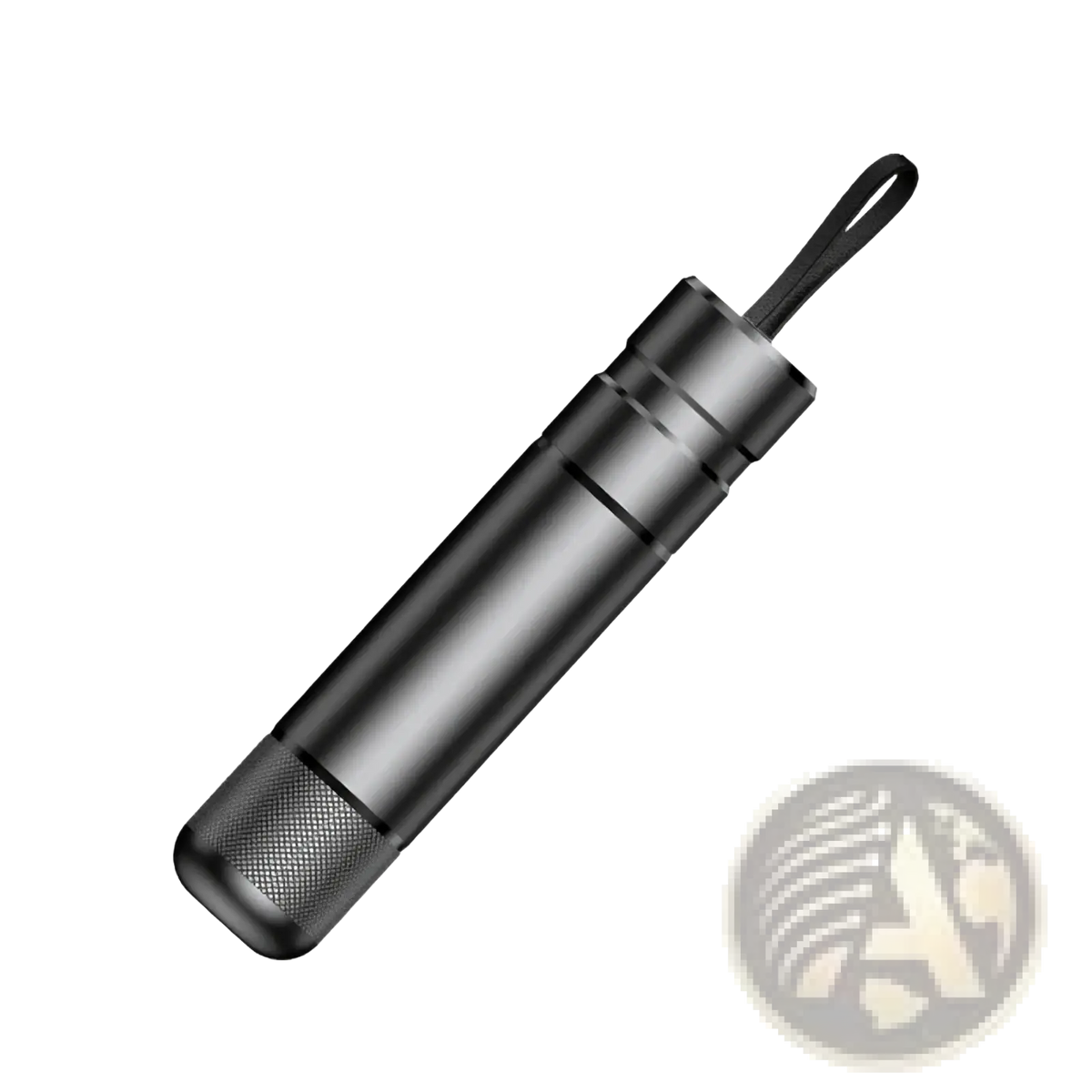 Black metallic cylindrical car emergency hammer with textured grip and loop handle for seat belt cutting and glass breaking
