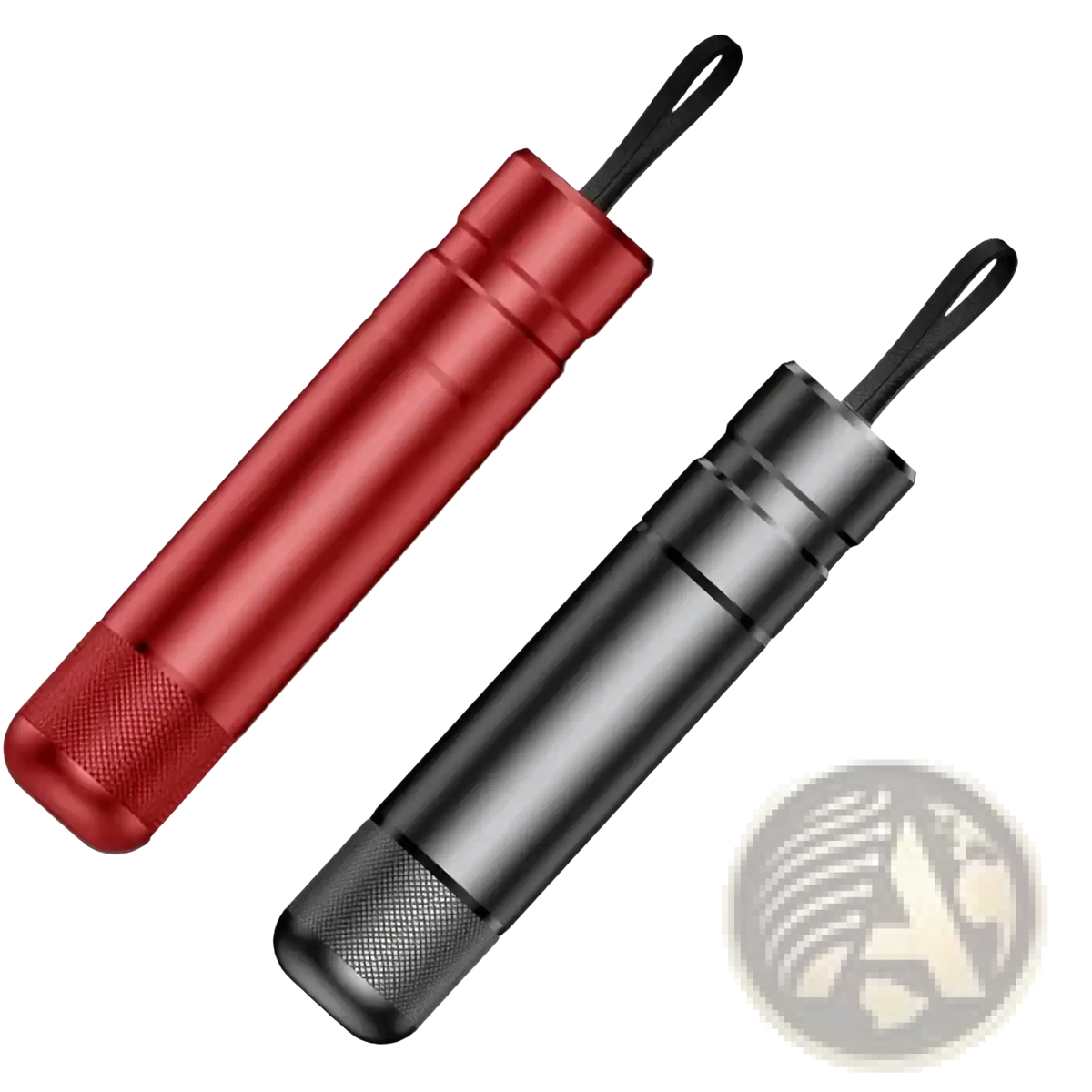 Red and black metallic cylindrical car emergency hammer and seat belt cutter with textured grip and looped handle