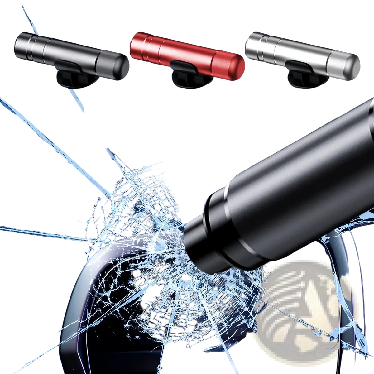 Black sleek cylindrical car emergency hammer and seat belt cutter with textured grip and mounting base shown from back side