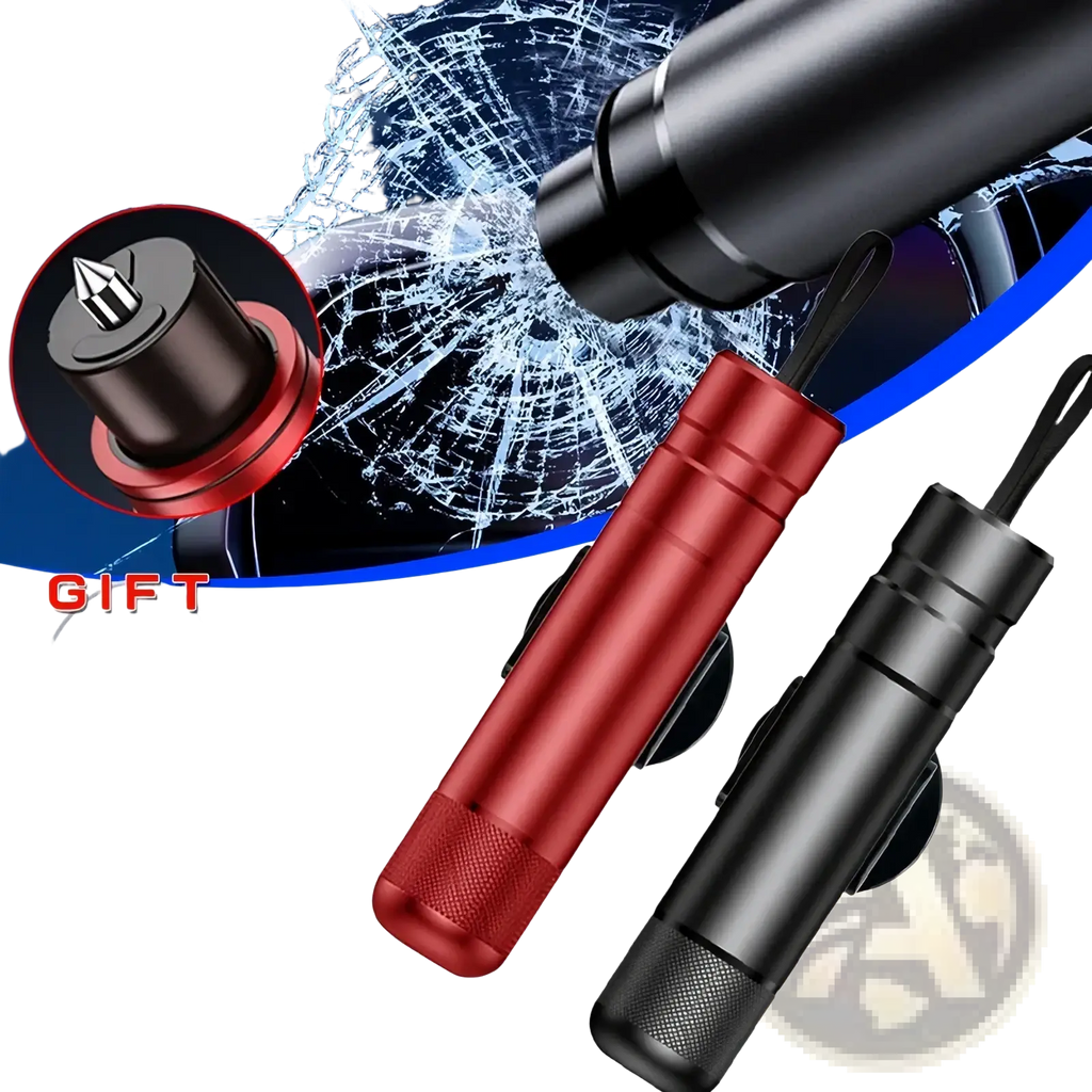 Red and black Sikezhan car emergency hammer and seat belt cutter with textured grip ends for glass breaking