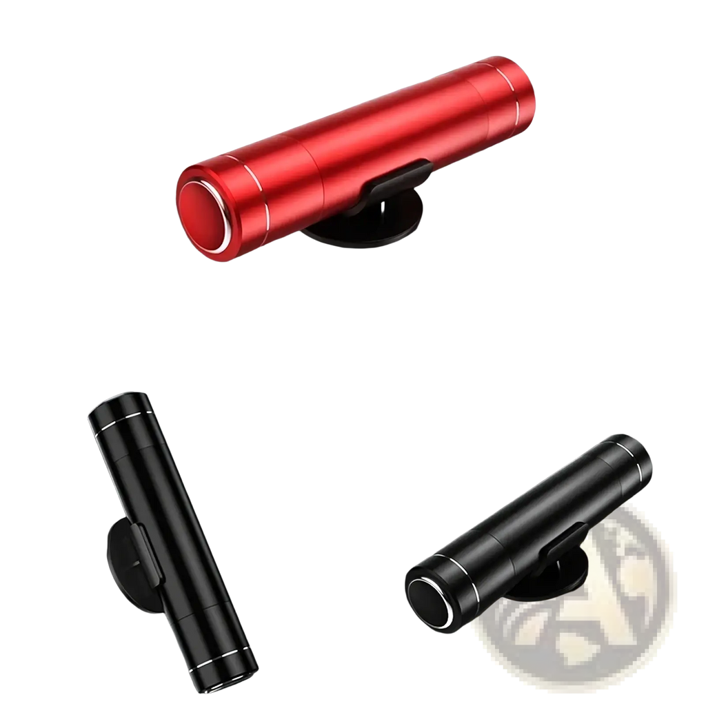 Red and black cylindrical car phone holder with magnetic base for use with car emergency hammer and seat belt cutter