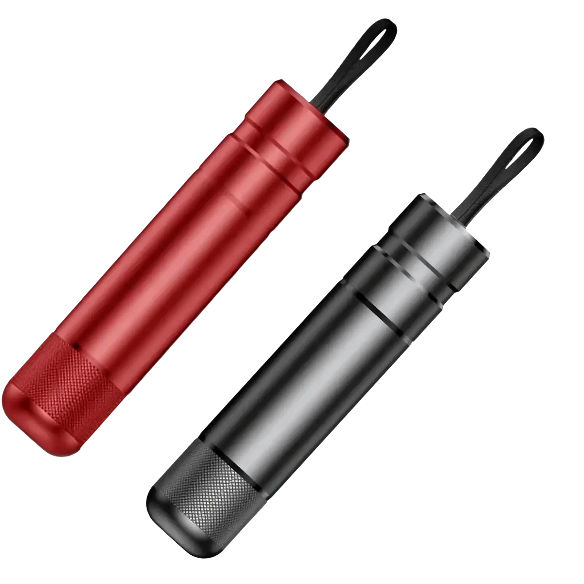 Red and black metallic cylindrical car emergency hammer and seat belt cutter with textured grip and looped handle