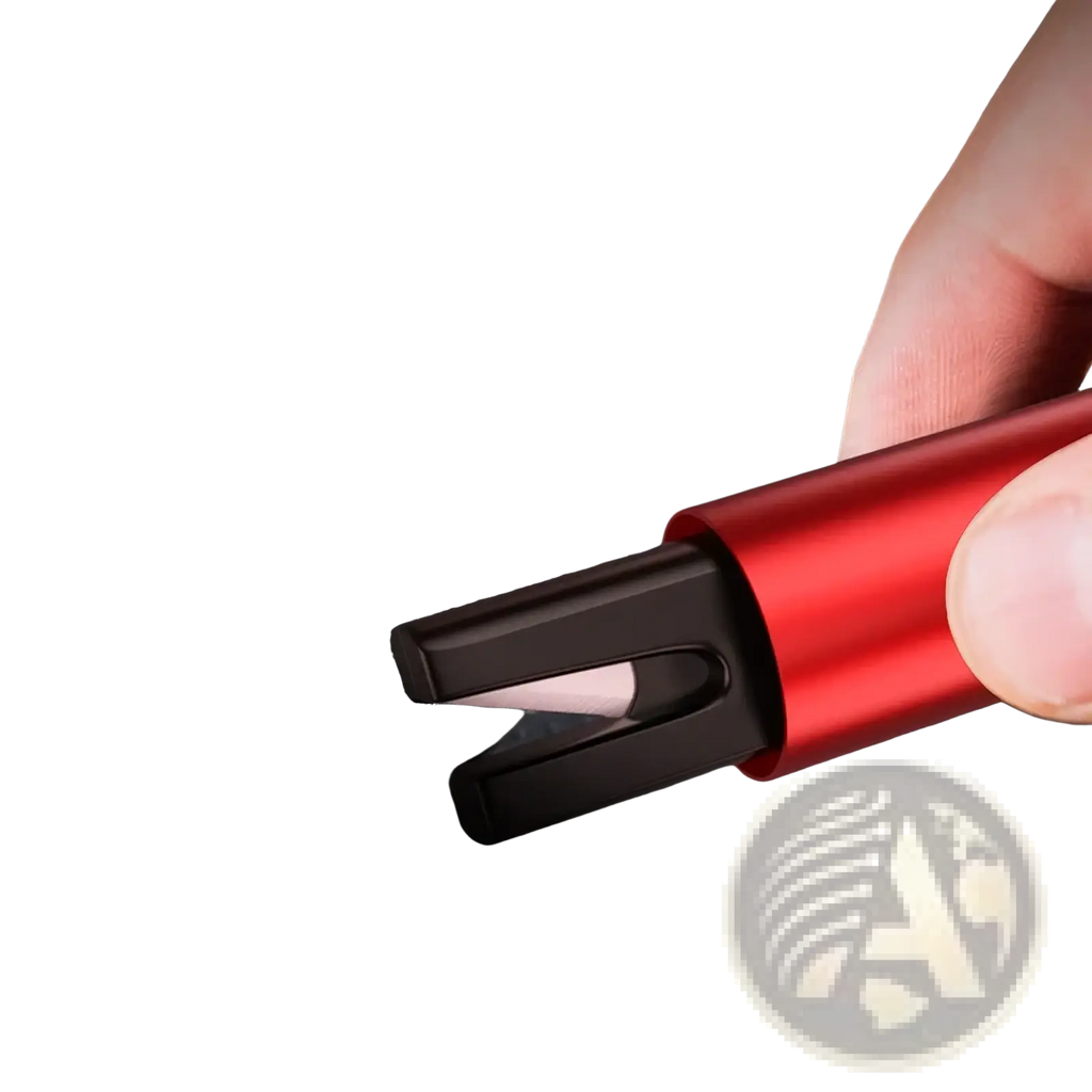Red and black car emergency hammer and seat belt cutter with safe blade design for quick escape in emergencies