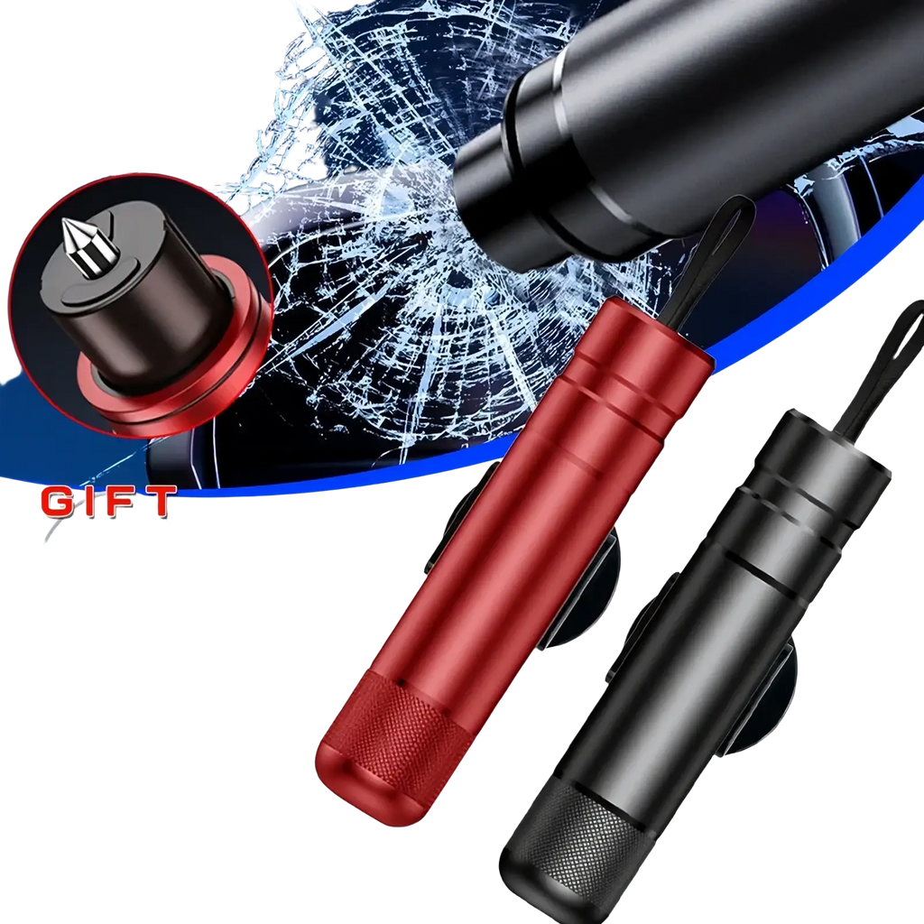 Red and black Sikezhan car emergency hammer and seat belt cutter with textured grip ends for glass breaking