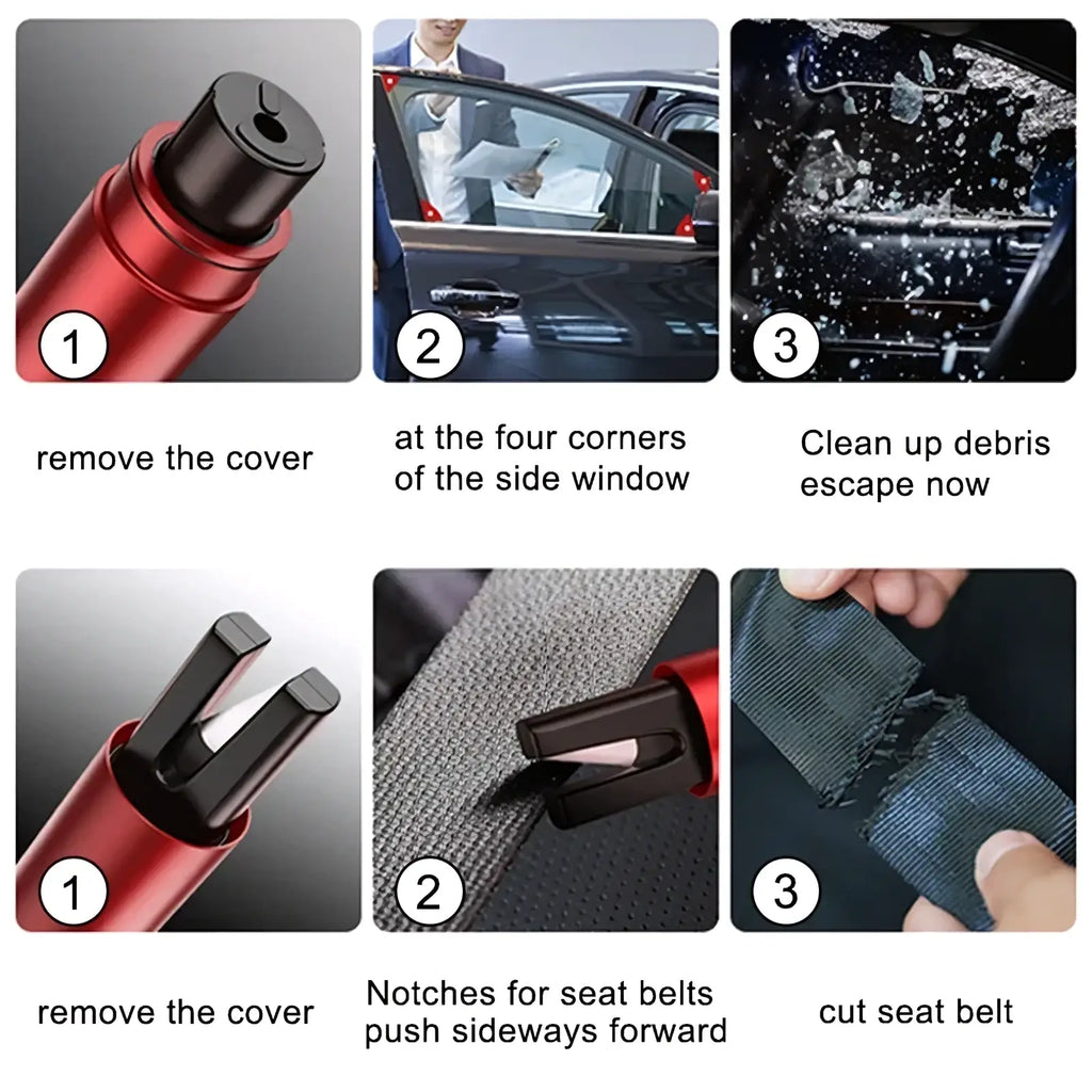 Red and black car emergency hammer with cylindrical body and prying jaws for seat belt cutting and glass breaking