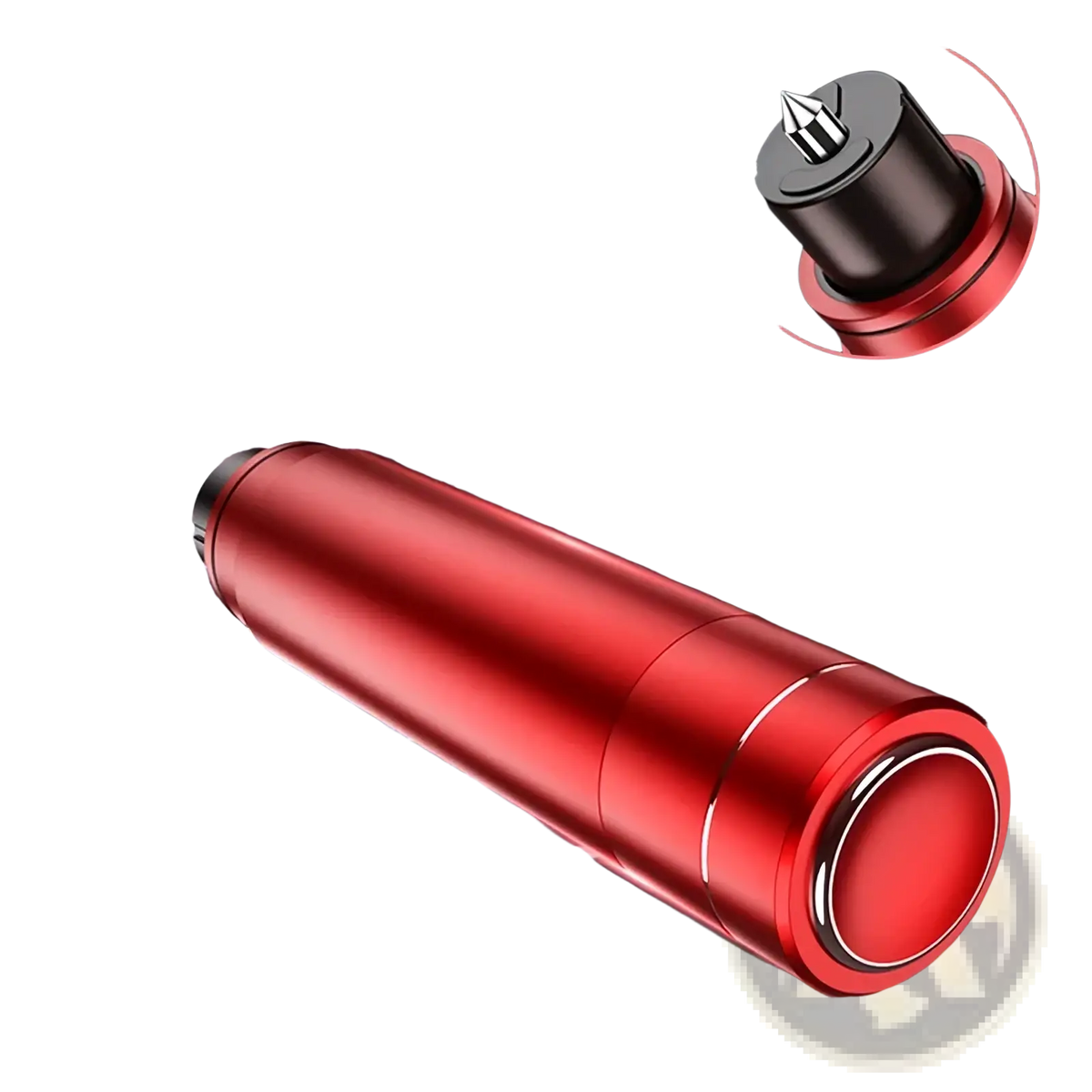 Red cylindrical car emergency hammer and seat belt cutter made of tungsten steel with sharp pointed glass breaker tip
